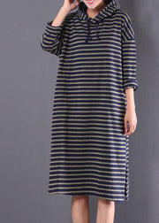 Beautiful blue striped linen clothes For Women hooded drawstring daily spring Dress - bagstylebliss