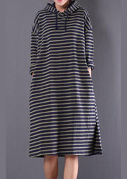 Beautiful blue striped linen clothes For Women hooded drawstring daily spring Dress - bagstylebliss