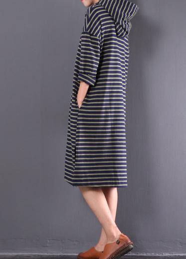 Beautiful blue striped linen clothes For Women hooded drawstring daily spring Dress - bagstylebliss