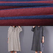 Beautiful blue striped linen clothes For Women hooded drawstring daily spring Dress - bagstylebliss