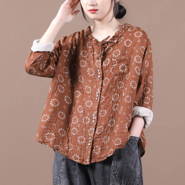 Beautiful brown print top silhouette o neck Button Down Dresses blouses - bagstylebliss