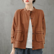 Beautiful chocolate Plus Size coats women design stand collar pockets coats - bagstylebliss