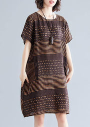 Beautiful chocolate dotted Cotton tunic top o neck pockets short Dress - bagstylebliss