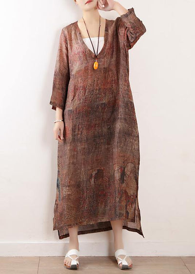 Beautiful chocolate print linen clothes For Women v neck side open Maxi Dresses - bagstylebliss