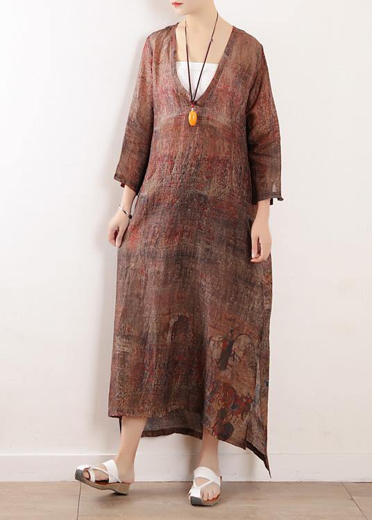 Beautiful chocolate print linen clothes For Women v neck side open Maxi Dresses - bagstylebliss