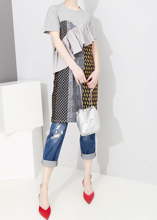 Beautiful cotton Tunics Drops Design Spliced Short Sleeve Round Neck Women Dress - bagstylebliss