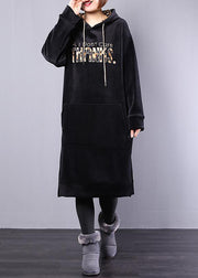 Schöne Baumwolle Kleiderschränke Pakistani Hoodie Drawstring Letter Fleece Loose Midi Dress