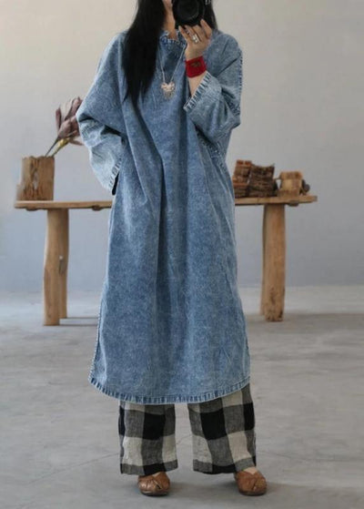 Beautiful cotton dress Fashion Retro Solid Color Frog Denim Blue Loose Dress - bagstylebliss