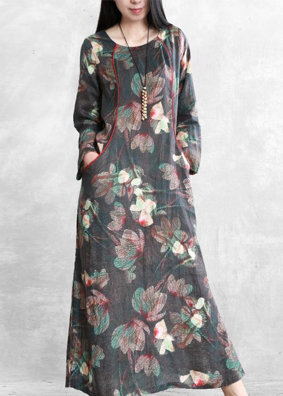 Beautiful floral linen dresses o neck pockets Maxi Dresses - bagstylebliss