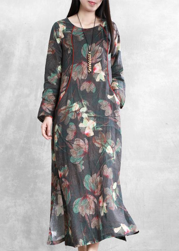 Beautiful floral linen dresses o neck pockets Maxi Dresses - bagstylebliss