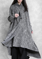 Beautiful gray Plaid linen clothes high neck asymmetric Traveling Dresses - bagstylebliss