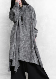 Beautiful gray Plaid linen clothes high neck asymmetric Traveling Dresses - bagstylebliss