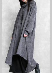 Beautiful gray Plaid linen clothes high neck asymmetric Traveling Dresses - bagstylebliss