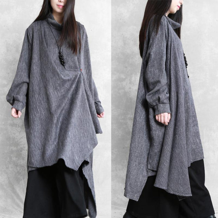 Beautiful gray Plaid linen clothes high neck asymmetric Traveling Dresses - bagstylebliss