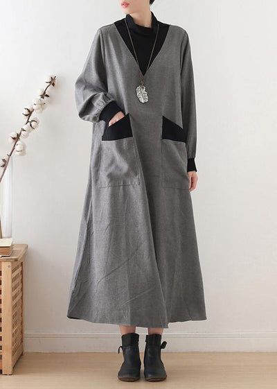 Beautiful gray cotton quilting clothes high neck patchwork Dresses fall Dresses - bagstylebliss