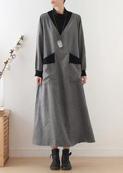 Beautiful gray cotton quilting clothes high neck patchwork Dresses fall Dresses - bagstylebliss