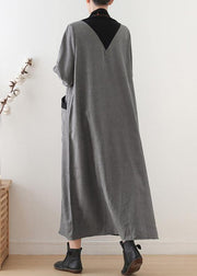 Beautiful gray cotton quilting clothes high neck patchwork Dresses fall Dresses - bagstylebliss