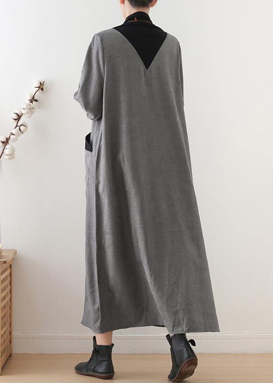 Beautiful gray cotton quilting clothes high neck patchwork Dresses fall Dresses - bagstylebliss