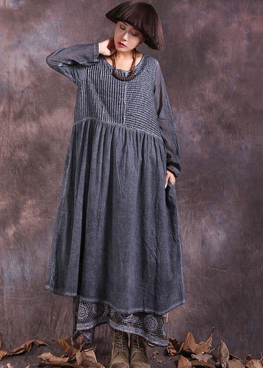 Beautiful gray long sleeve linen cotton clothes For Women Cinched long summer Dresses - bagstylebliss