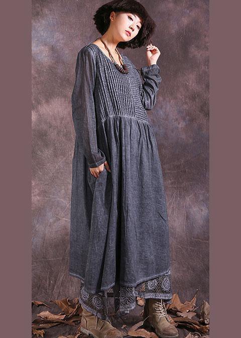 Beautiful gray long sleeve linen cotton clothes For Women Cinched long summer Dresses - bagstylebliss