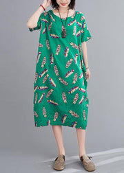 Beautiful green Feather print clothes o neck cotton robes Dresses - bagstylebliss