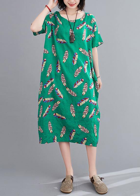 Beautiful green Feather print clothes o neck cotton robes Dresses - bagstylebliss