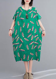 Beautiful green Feather print clothes o neck cotton robes Dresses - bagstylebliss