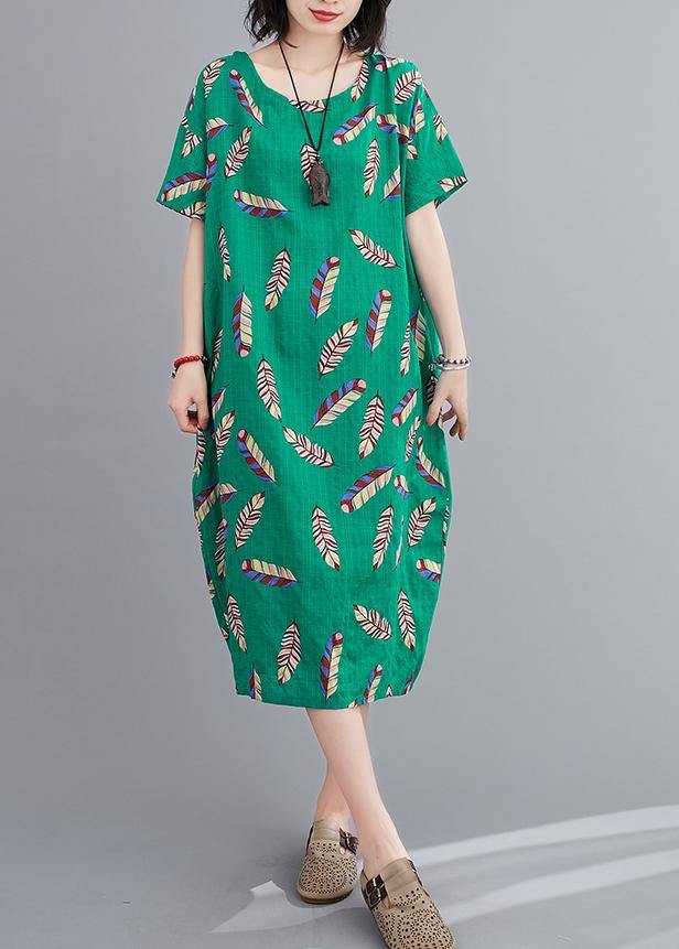 Beautiful green Feather print clothes o neck cotton robes Dresses - bagstylebliss