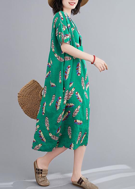 Beautiful green Feather print clothes o neck cotton robes Dresses - bagstylebliss