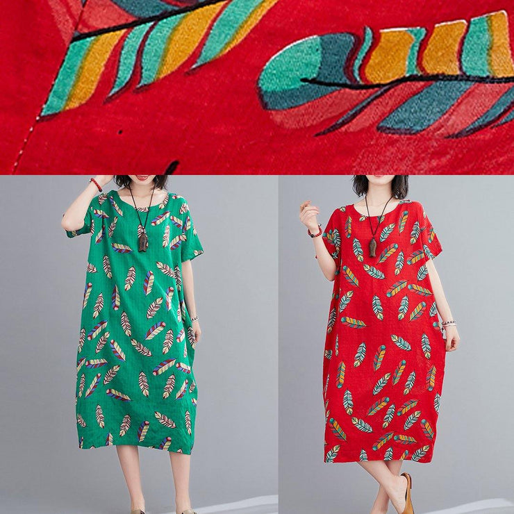 Beautiful green Feather print clothes o neck cotton robes Dresses - bagstylebliss