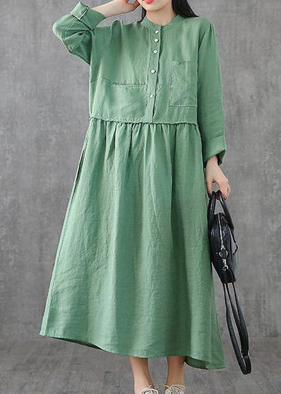 Beautiful green linen clothes For Women o neck patchwork Maxi spring Dresses - bagstylebliss