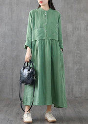 Beautiful green linen clothes For Women o neck patchwork Maxi spring Dresses - bagstylebliss