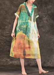 Beautiful green print linen clothes For Women v neck patchwork Maxi summer Dresses - bagstylebliss