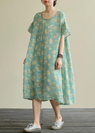 Beautiful green print linen clothes o neck loose summer Dresses - bagstylebliss