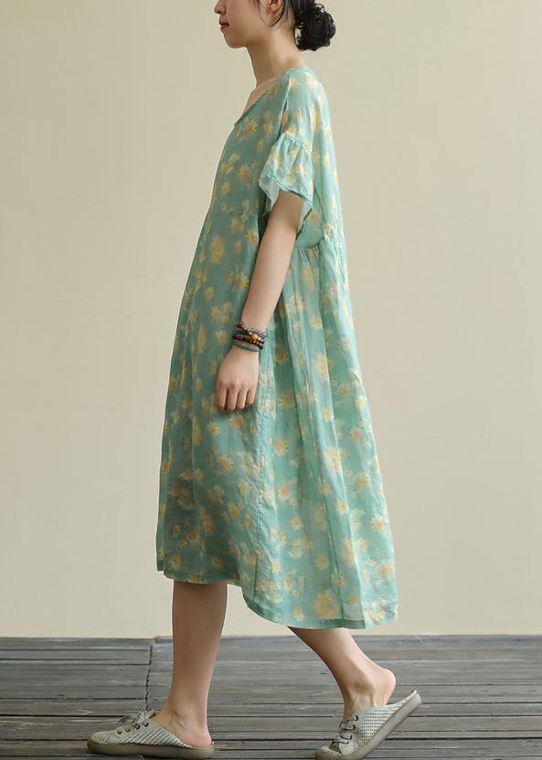 Beautiful green print linen clothes o neck loose summer Dresses - bagstylebliss