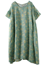 Beautiful green print linen clothes o neck loose summer Dresses - bagstylebliss