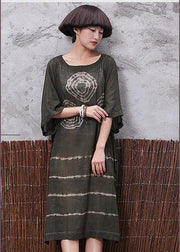 Beautiful green prints linen Tunic side open Plus Size Clothing summer Dress - bagstylebliss