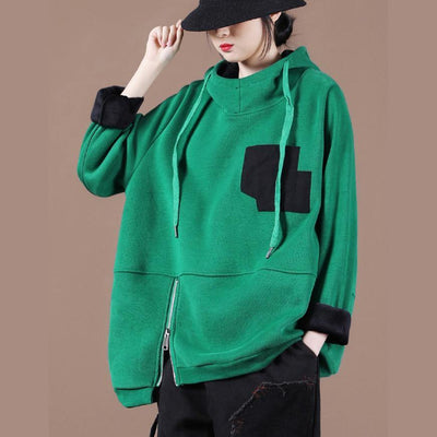 Beautiful green thick tops women blouses hooded patchwork oversized  shirts - bagstylebliss