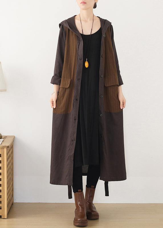Beautiful hooded Plus Size striped trench coat chocolate cotton women coats - bagstylebliss