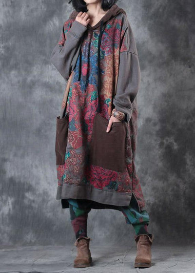 Beautiful hooded drawstring cotton Wardrobes design gray print Maxi Dresses fall - bagstylebliss