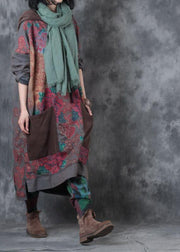 Beautiful hooded drawstring cotton Wardrobes design gray print Maxi Dresses fall - bagstylebliss