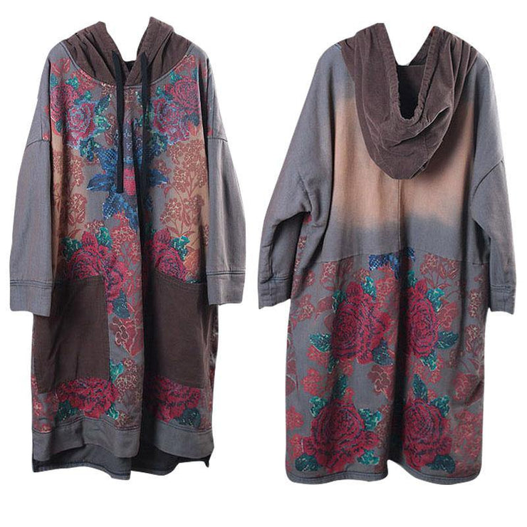 Beautiful hooded drawstring cotton Wardrobes design gray print Maxi Dresses fall - bagstylebliss