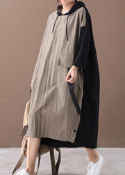 Beautiful khaki Long dress hooded patchwork long spring Dresses - bagstylebliss