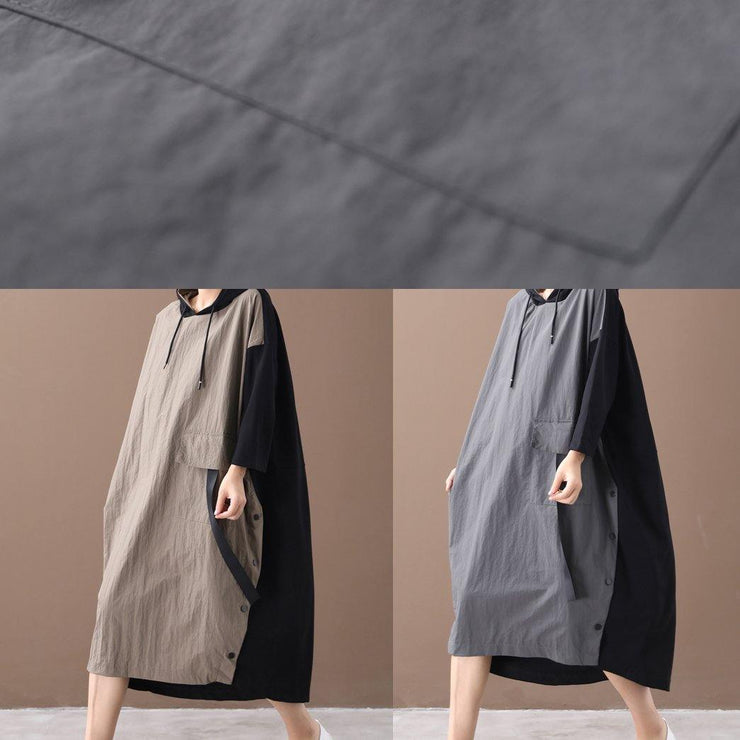 Beautiful khaki Long dress hooded patchwork long spring Dresses - bagstylebliss