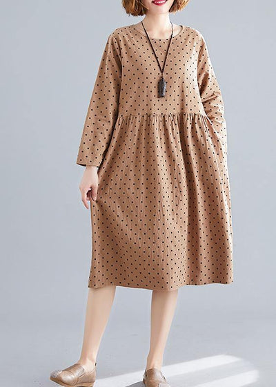 Beautiful khaki dotted Cotton quilting dresses o neck Cinched oversized spring Dress - bagstylebliss