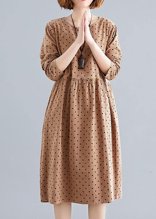 Beautiful khaki dotted Cotton quilting dresses o neck Cinched oversized spring Dress - bagstylebliss