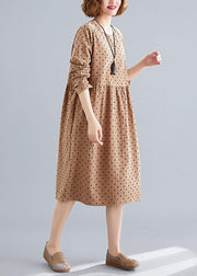 Beautiful khaki dotted Cotton quilting dresses o neck Cinched oversized spring Dress - bagstylebliss