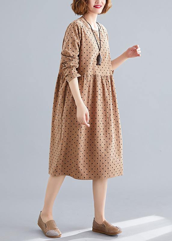 Beautiful khaki dotted Cotton quilting dresses o neck Cinched oversized spring Dress - bagstylebliss