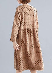 Beautiful khaki dotted Cotton quilting dresses o neck Cinched oversized spring Dress - bagstylebliss