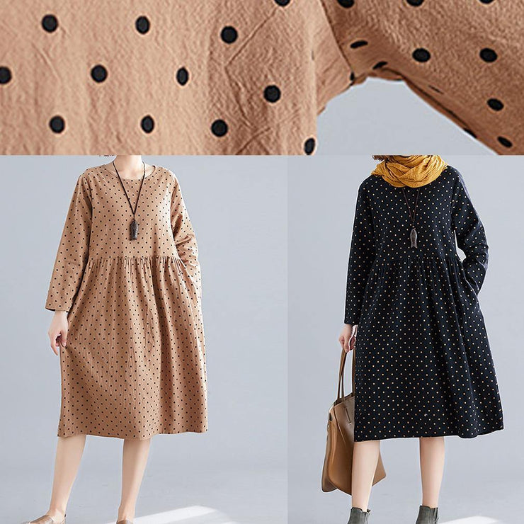 Beautiful khaki dotted Cotton quilting dresses o neck Cinched oversized spring Dress - bagstylebliss